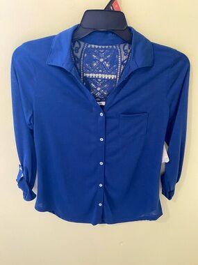Belle Du Jour Cobalt Blue Button-Up Shirt with Lace Back